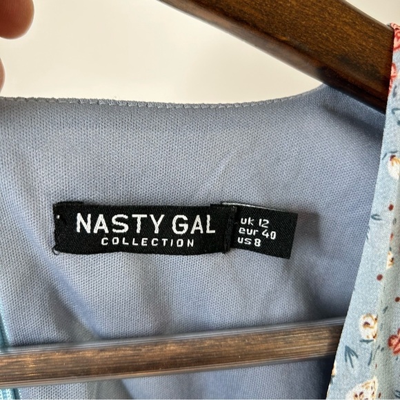 Nasty Gal Let's Grow Dancin' Floral Mini Dress Chiffon Puff Sleeve Blue Size 8 - Picture 7 of 10